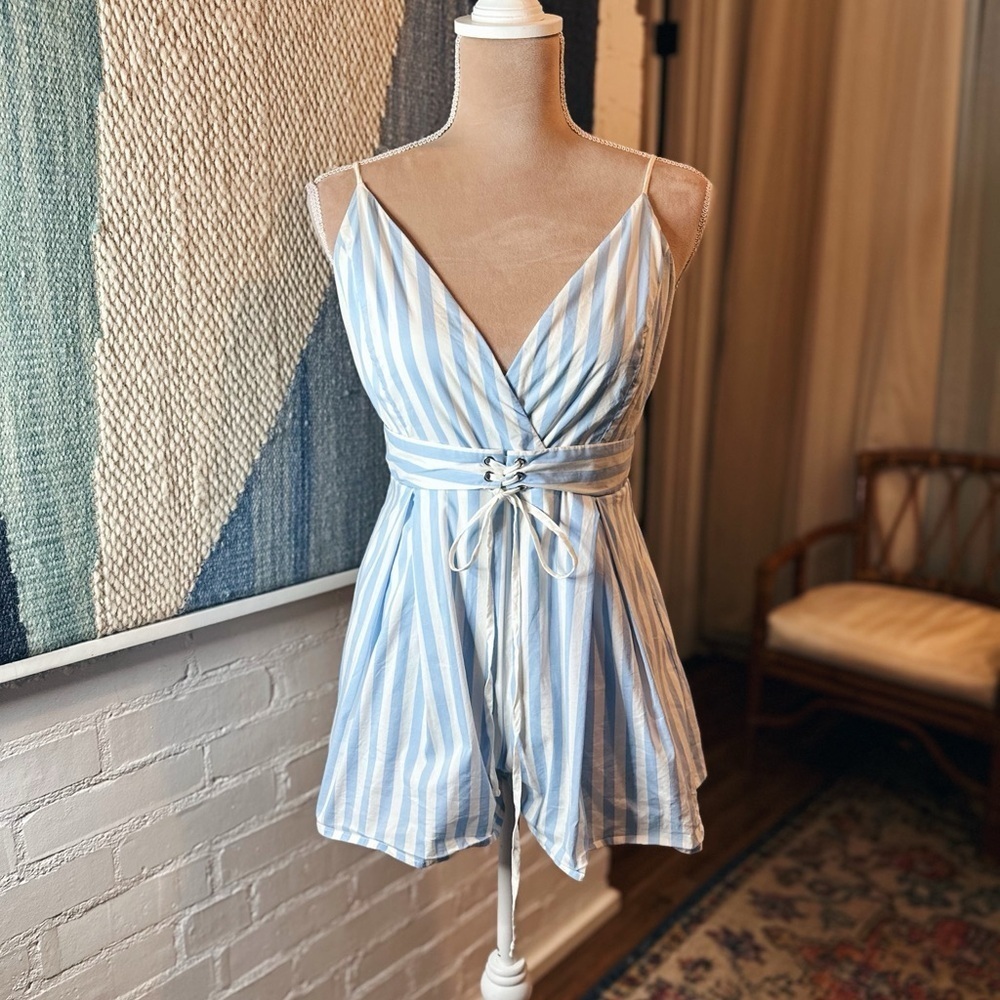 Fashion Nova Blue Striped Cinched Waist Romper